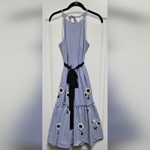 Eliza J Blue White Striped Halter Midi Dress Floral Embroidery Tie Waist.